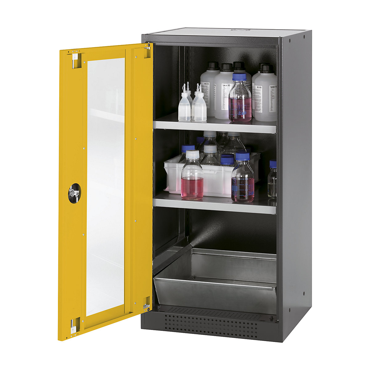 Laboratory chemical storage cupboard – asecos, 1 door, half height, 2 shelves, with vision panel, yellow-2