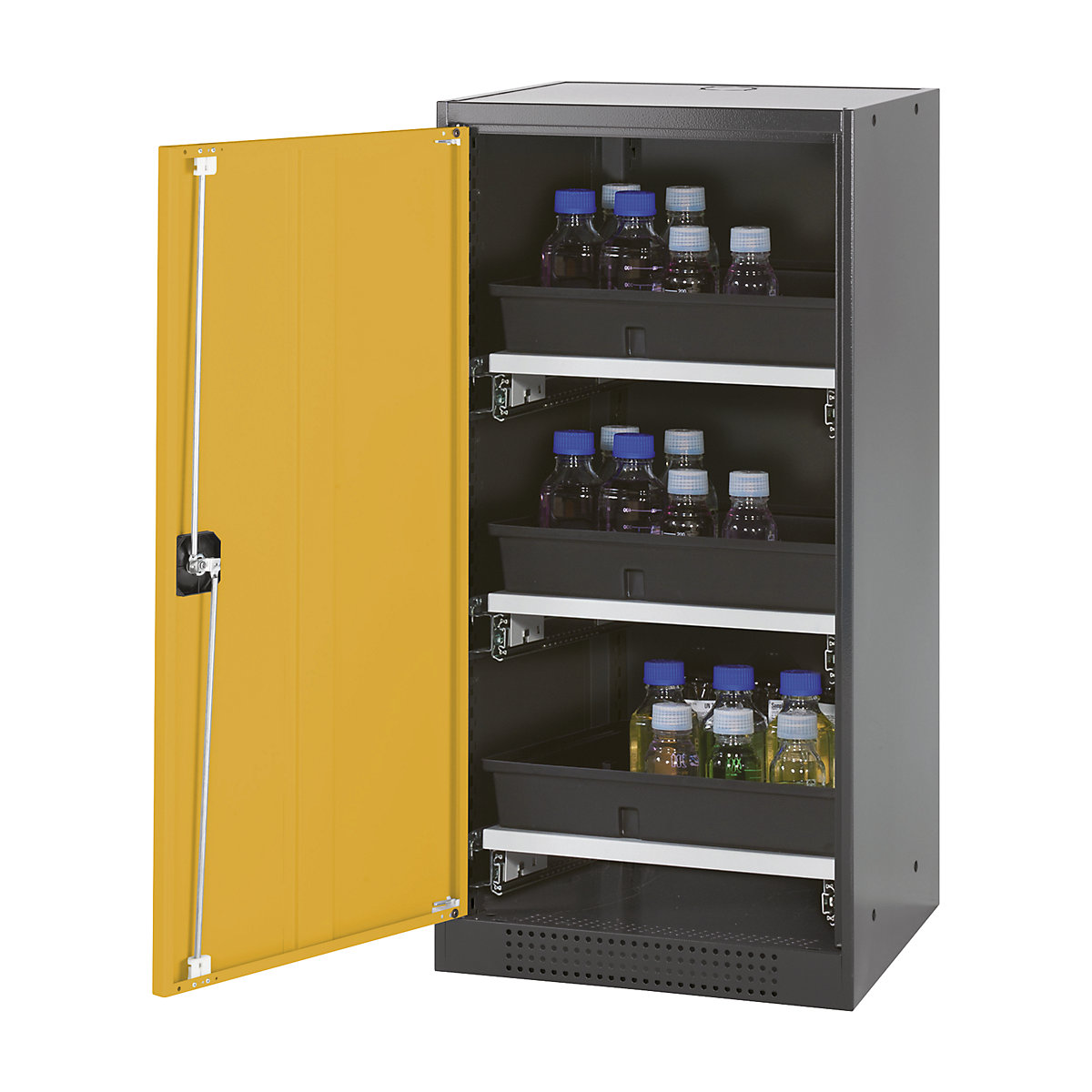 Laboratory chemical storage cupboard – asecos, 1 door, half height, 3 drawers, without vision panel, yellow-3