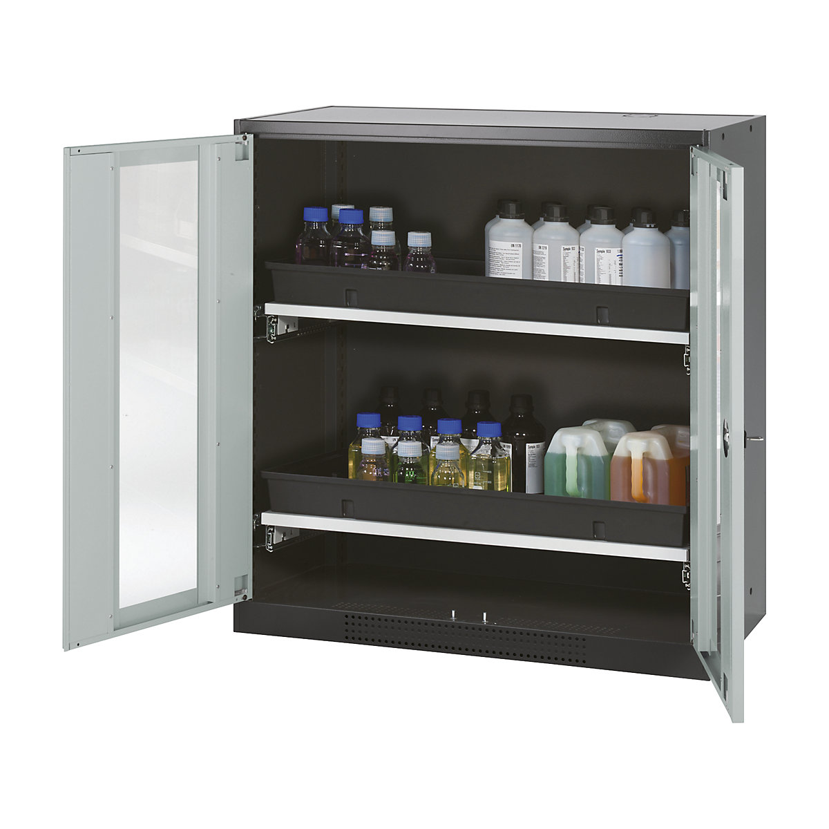 Laboratory chemical storage cupboard – asecos, 2 door, half height, 2 drawers, with vision panel, grey-2