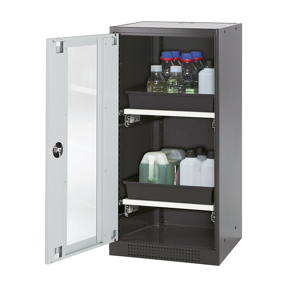 Laboratory chemical storage cupboard – asecos, 1 door, half height, 2 drawers, with vision panel, grey-3