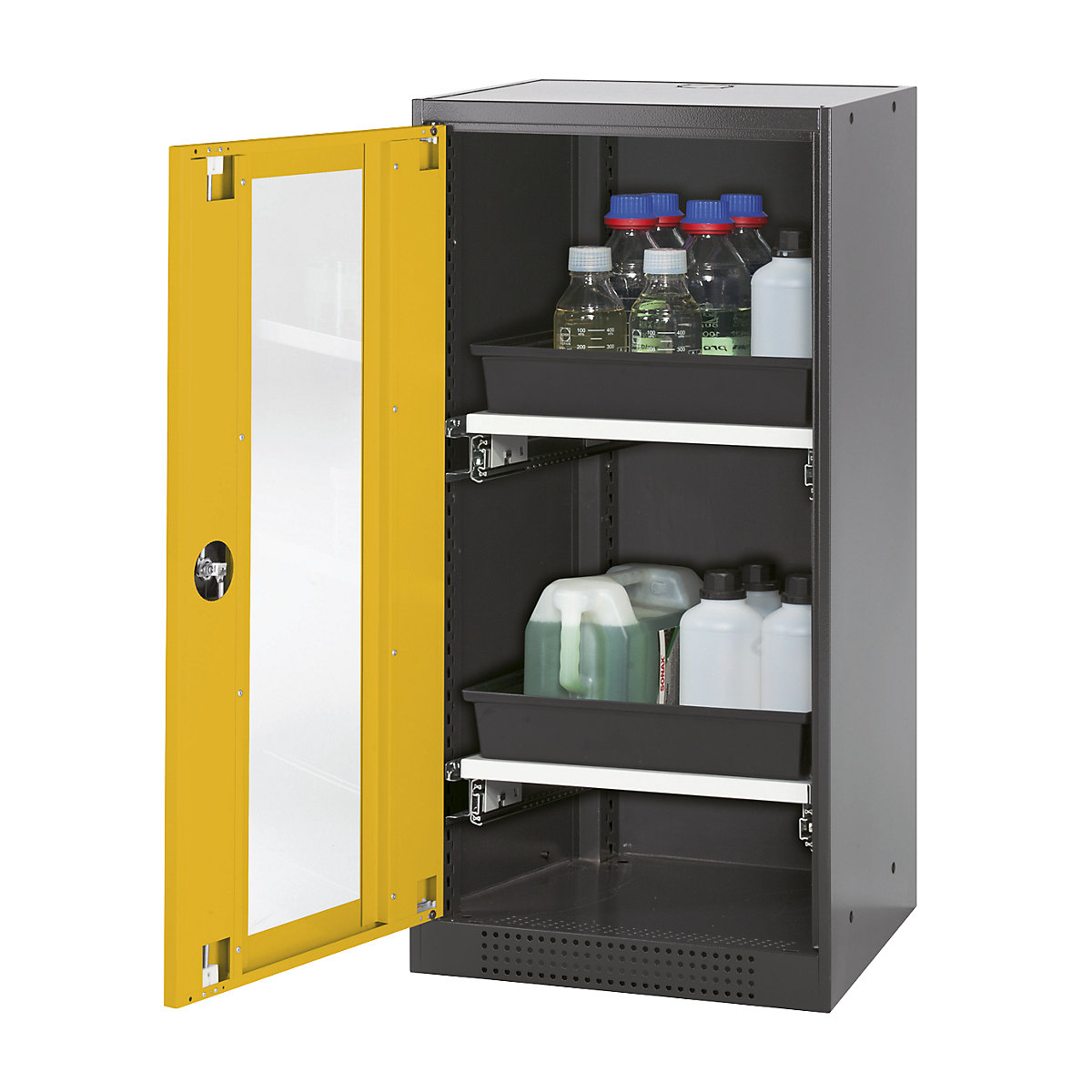 Laboratory chemical storage cupboard – asecos, 1 door, half height, 2 drawers, with vision panel, yellow-5