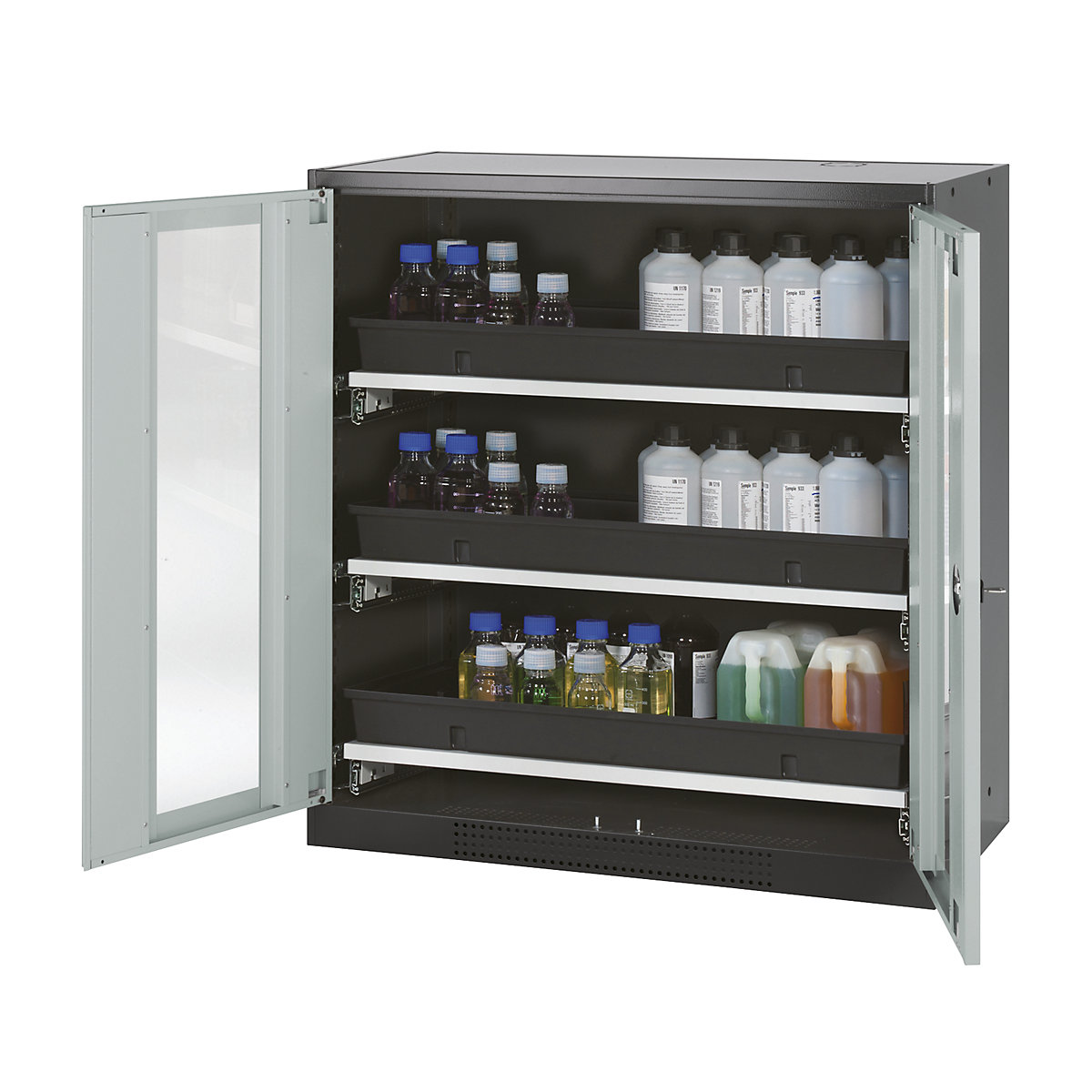 Laboratory chemical storage cupboard – asecos, 2 door, half height, 3 drawers, with vision panel, grey-4