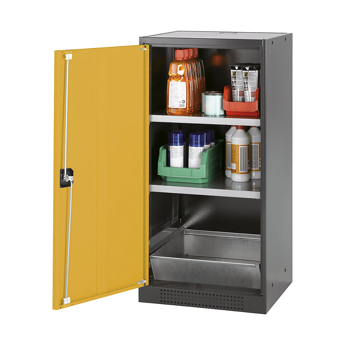 Laboratory chemical storage cupboard – asecos, 1 door, half height, 2 shelves, without vision panel, yellow-3