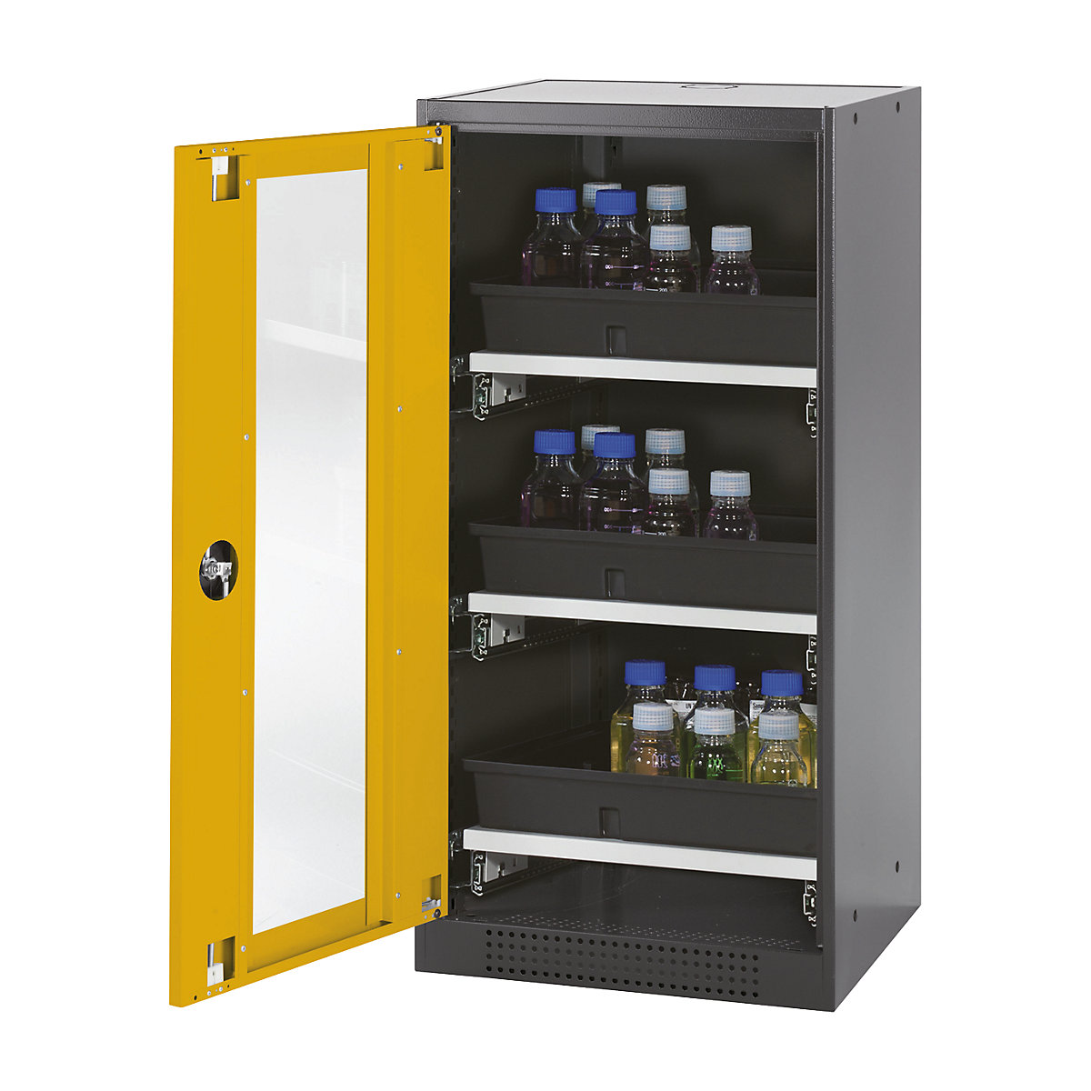 Laboratory chemical storage cupboard – asecos, 1 door, half height, 3 drawers, with vision panel, yellow-1