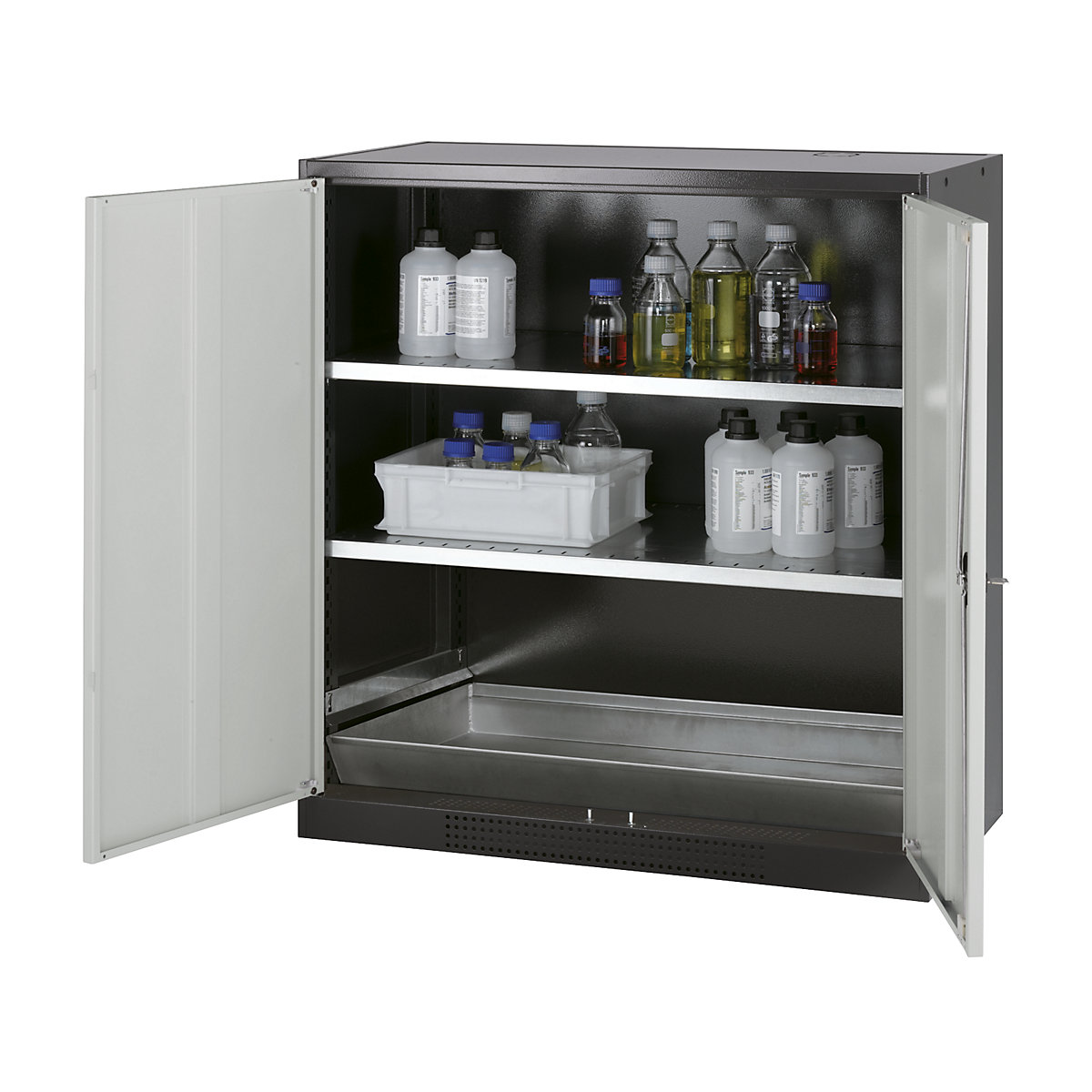 Laboratory chemical storage cupboard – asecos, 2 door, half height, 2 shelves, without vision panel, grey-4
