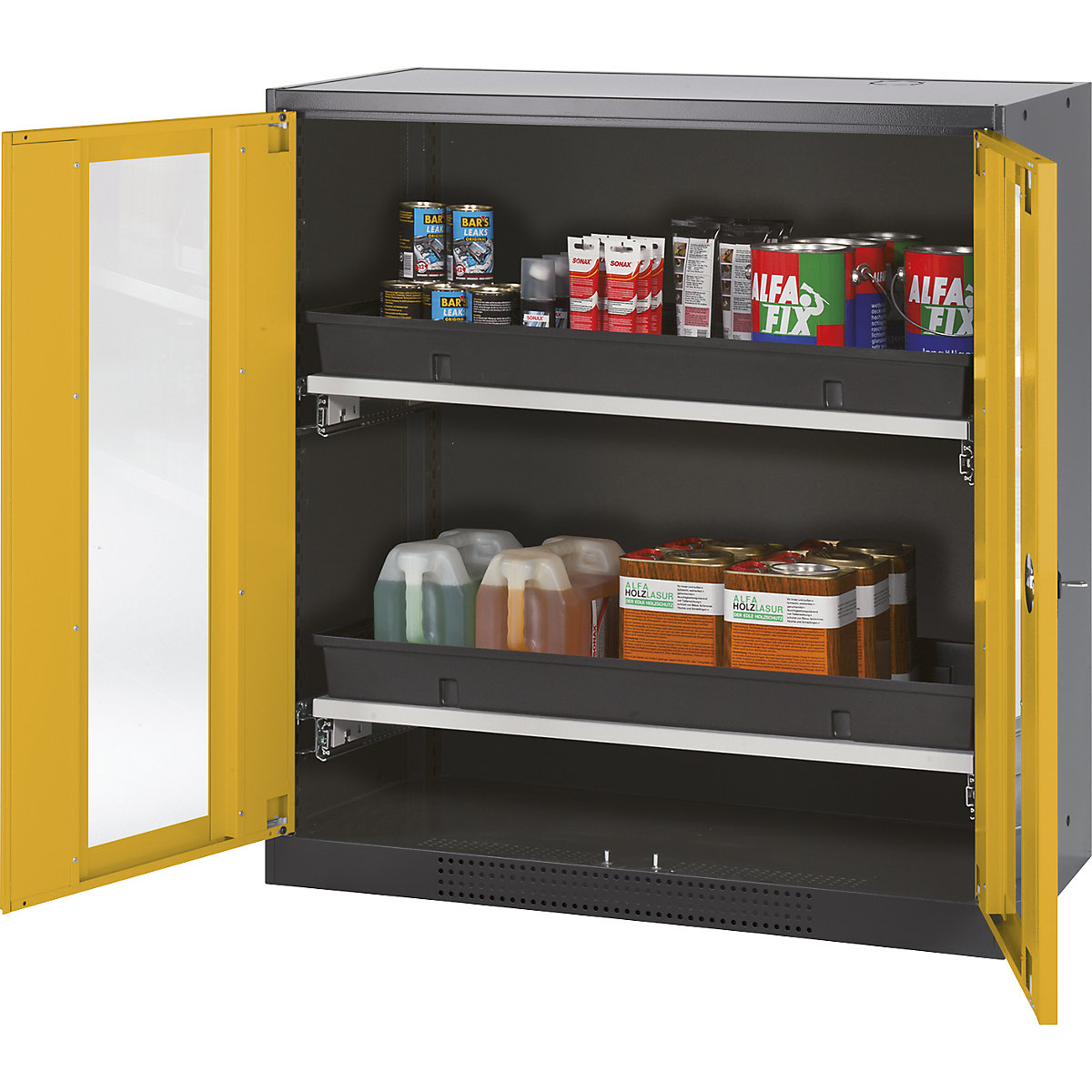 Laboratory chemical storage cupboard – asecos, 2 door, half height, 2 drawers, with vision panel, yellow-3