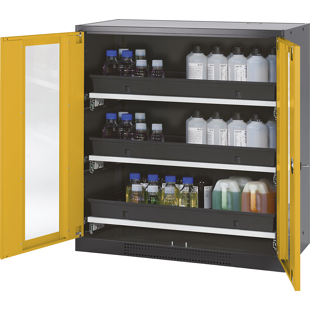 Laboratory chemical storage cupboard – asecos, 2 door, half height, 3 drawers, with vision panel, yellow-1