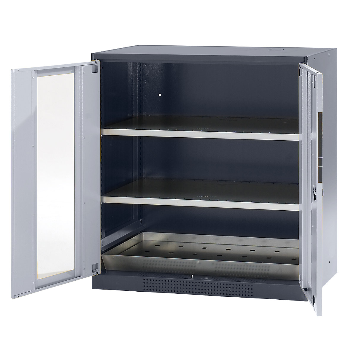 Laboratory chemical storage cupboard – asecos, 2 door, half height, 2 shelves, with vision panel, grey-1