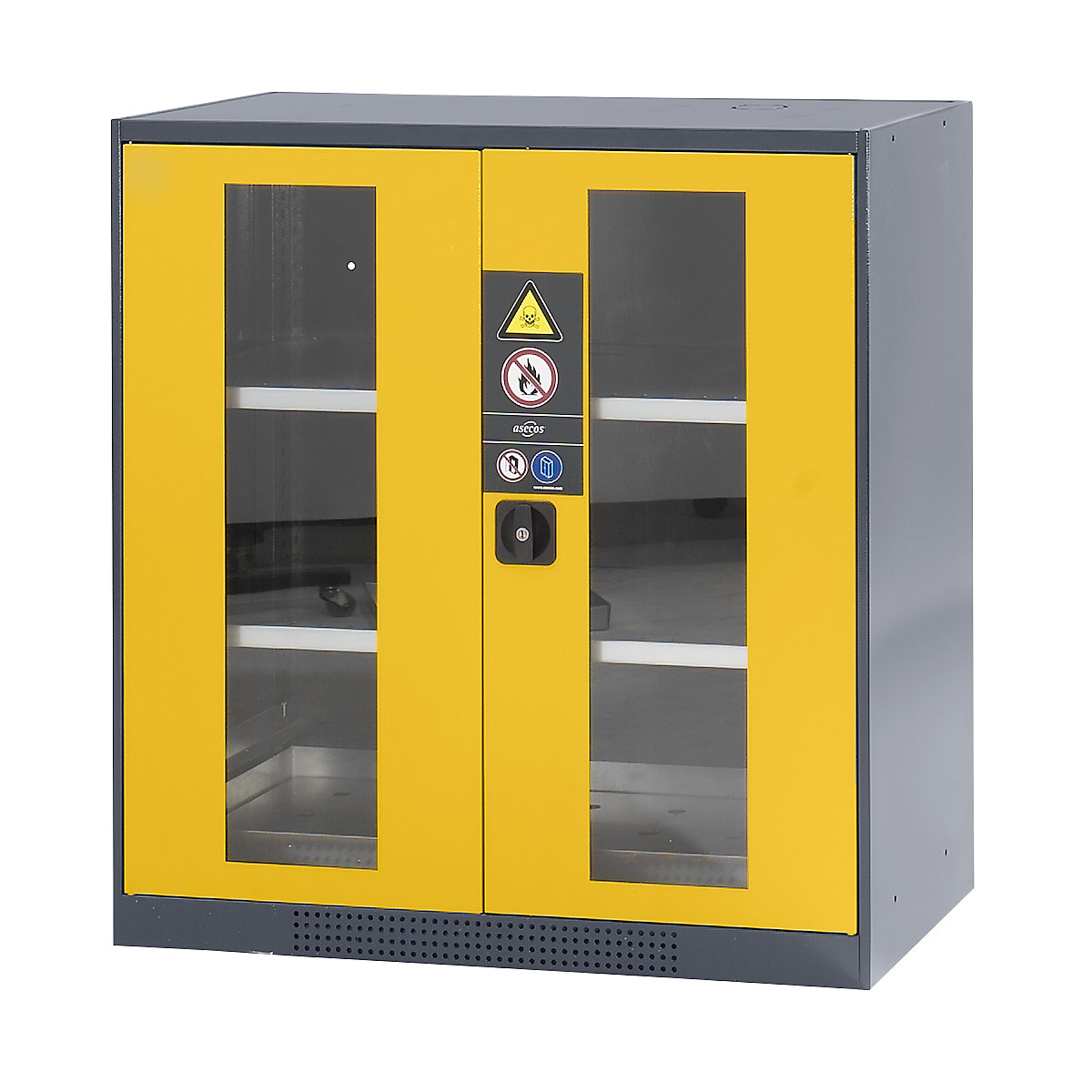 Laboratory chemical storage cupboard – asecos, 2 door, half height, 2 shelves, with vision panel, yellow-3