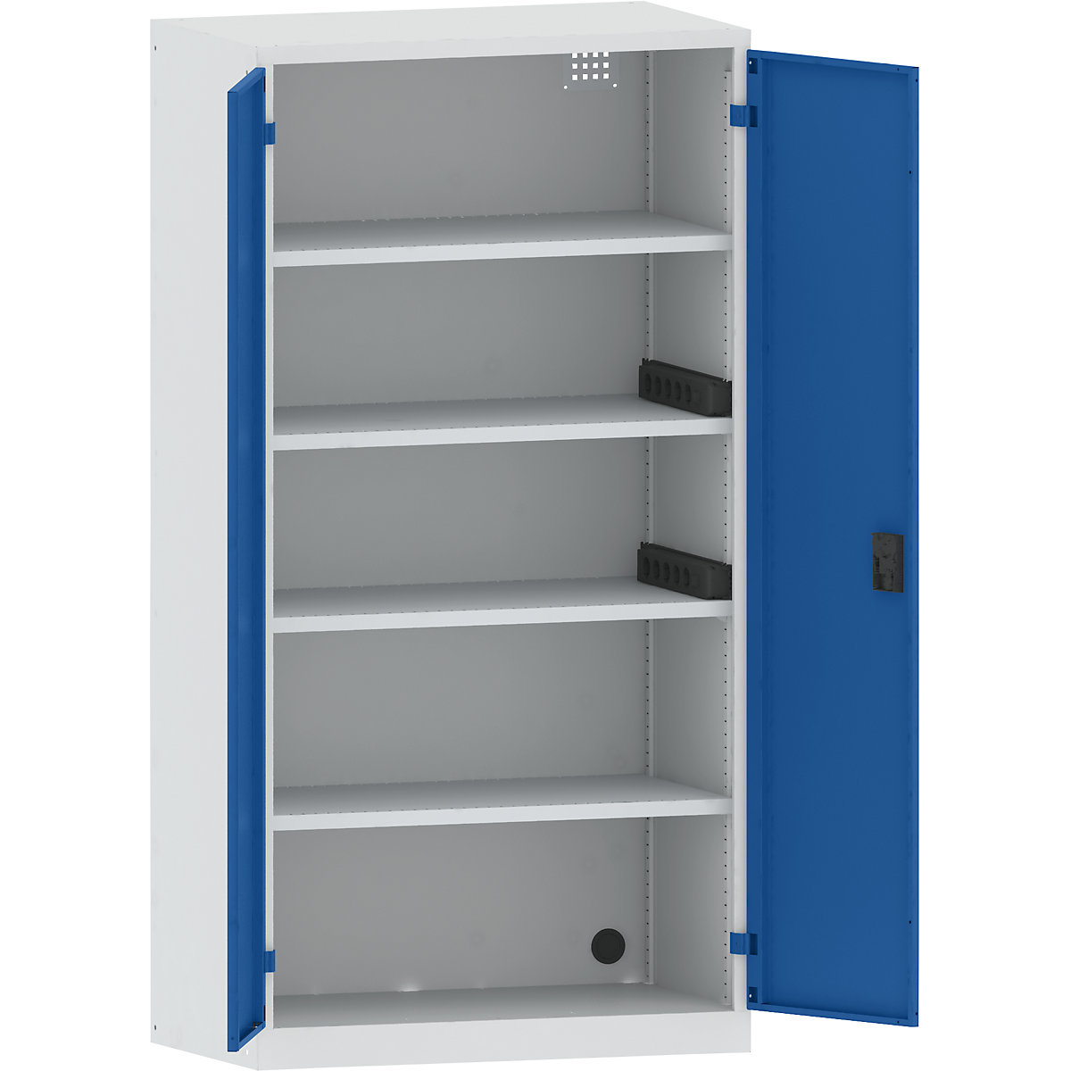 Battery charging cabinet – LISTA, 4 shelves, solid panel doors, 2 power strips at side, grey / blue-14