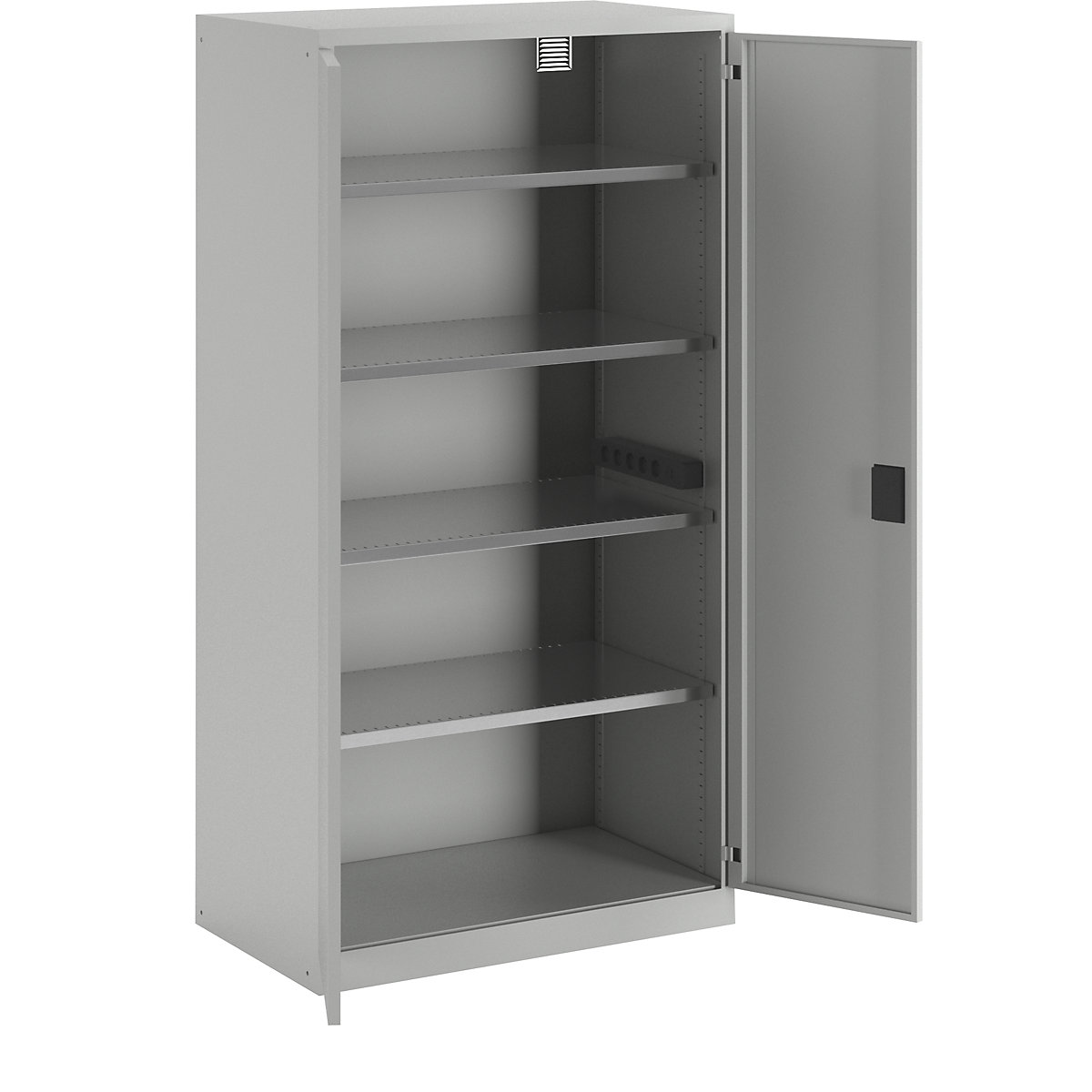 Battery charging cabinet – LISTA, 4 shelves, solid panel doors, power strip at side, grey-15