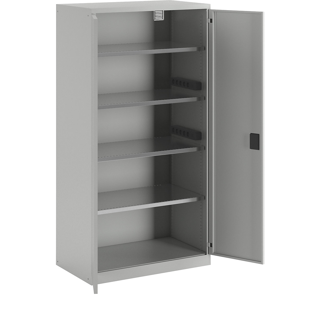 Battery charging cabinet – LISTA, 4 shelves, solid panel doors, 2 power strips at side, grey-22