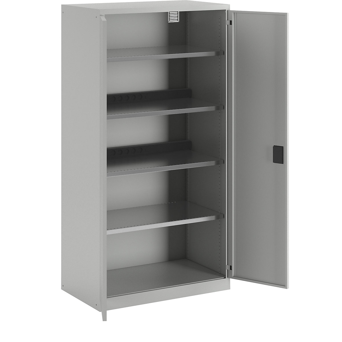 Battery charging cabinet – LISTA, 4 shelves, solid panel doors, 2 power strips at rear, grey-23