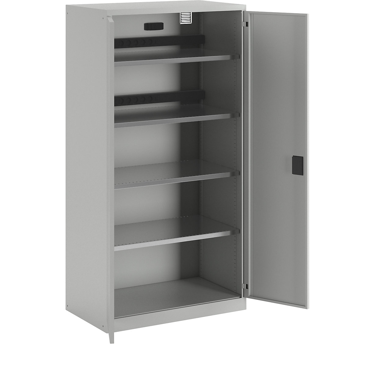 Battery charging cabinet – LISTA, 4 shelves, solid panel doors, 2 power strips at rear with RCD/circuit breaker, grey-12