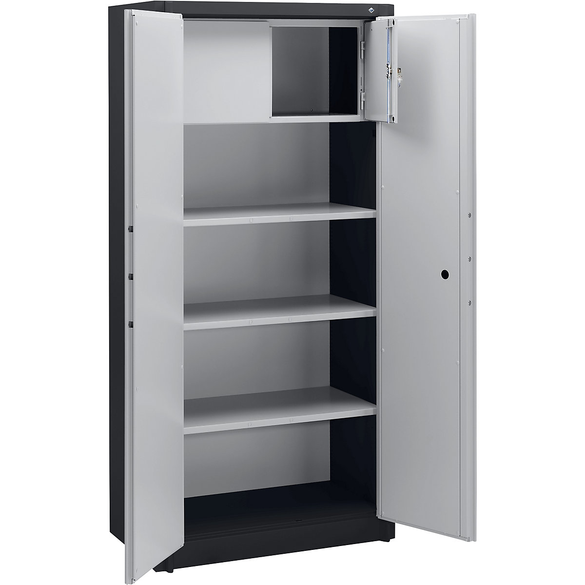 Steel cupboard, fireproof – C+P, DIN 4102 compliant, HxWxD 1950 x 930 x 500 mm, black grey/light grey, with locker-7