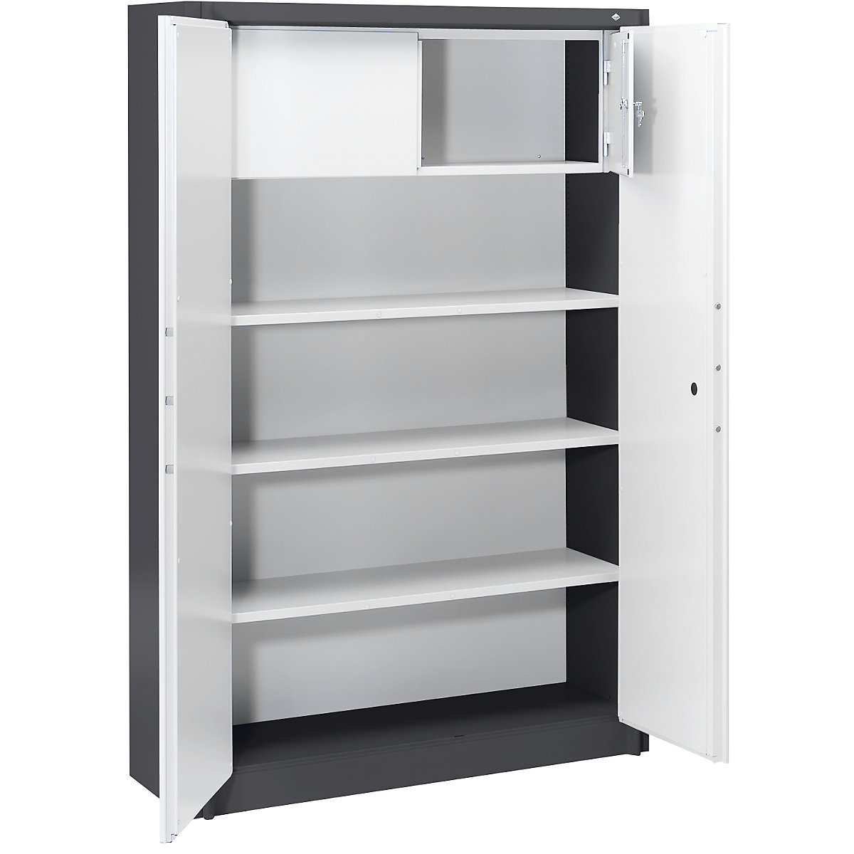 Steel cupboard, fireproof – C+P, DIN 4102 compliant, HxWxD 1950 x 1200 x 500 mm, black grey/light grey, with locker-12