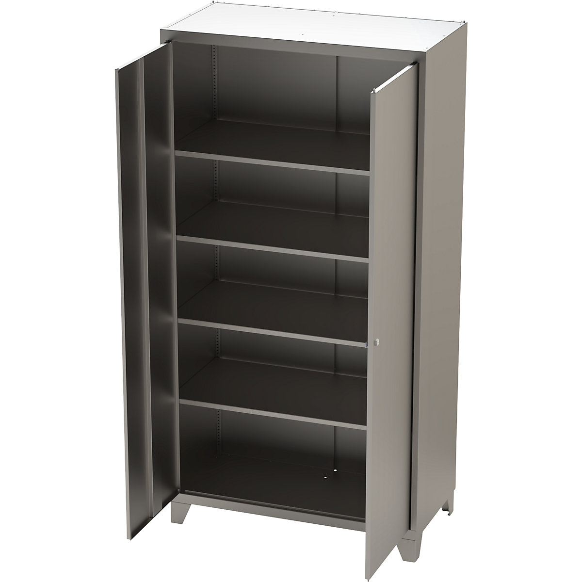 Stainless steel double door cupboard with stud feet with 4 shelves