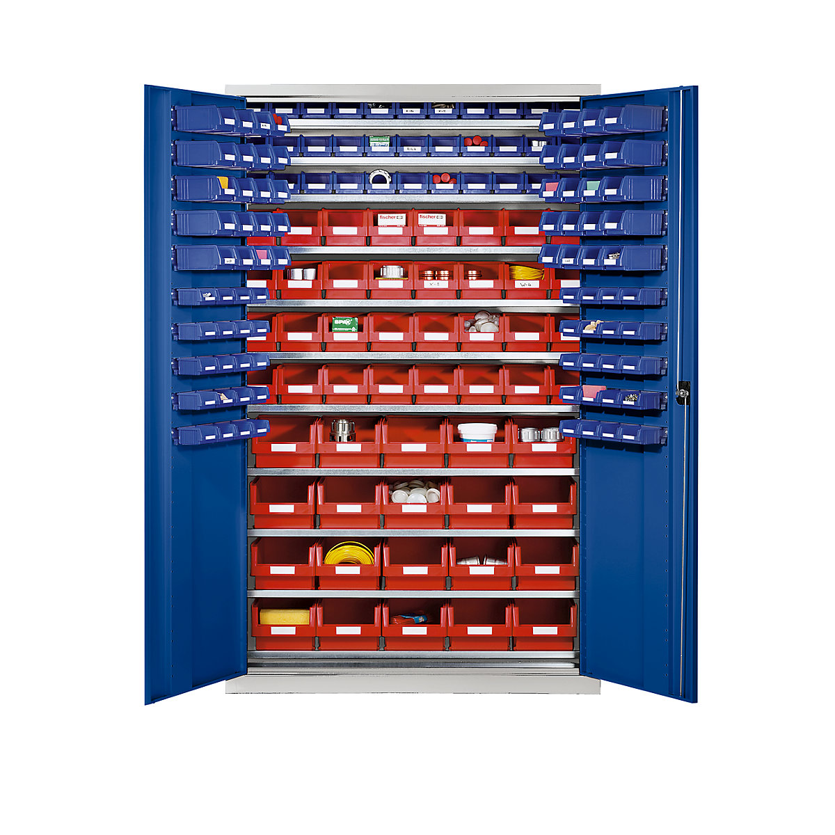 Large cupboard made of sheet steel – eurokraft pro, with 10 shelves, 165 open fronted storage bins, body in light grey, doors in gentian blue-5