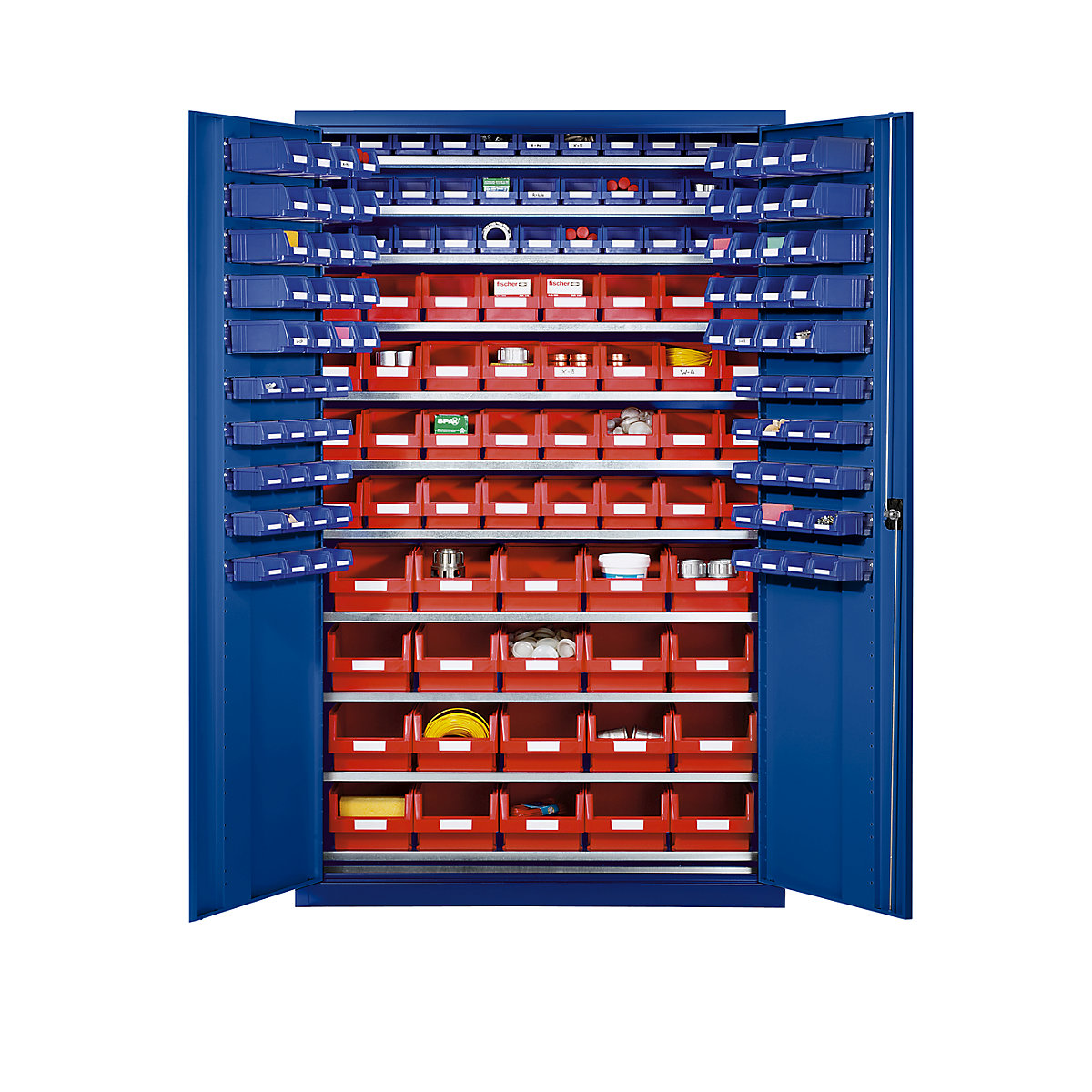 Large cupboard made of sheet steel – eurokraft pro, with 10 shelves, 165 open fronted storage bins, body and doors gentian blue-4
