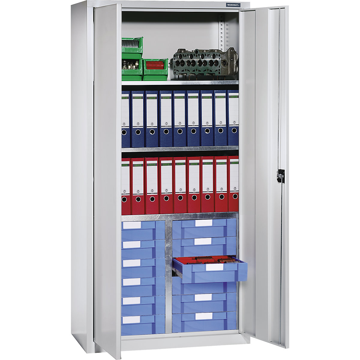 Storage and drawer cupboard – eurokraft pro, 3 shelves, 12 drawers, light grey RAL 7035-1