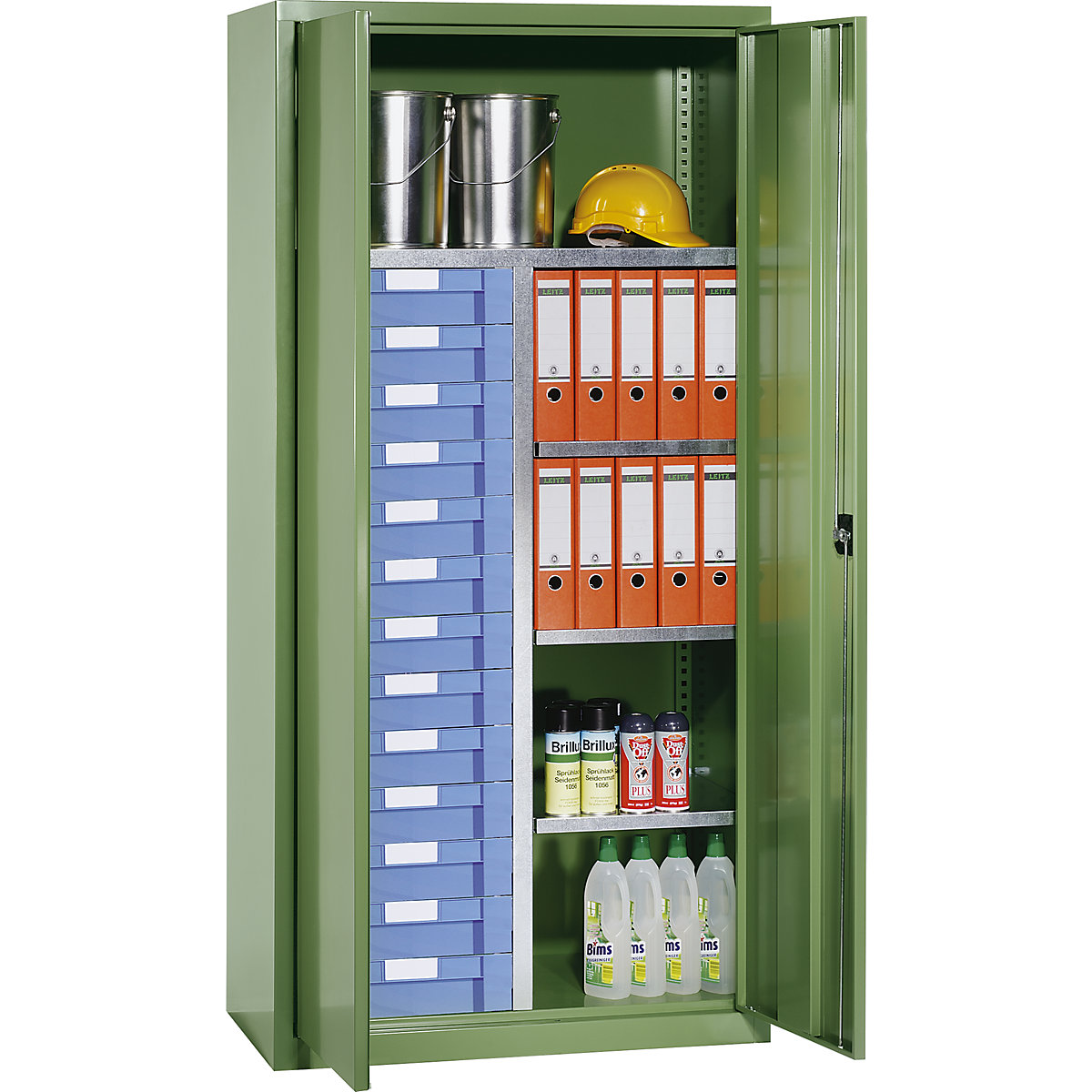 Storage and drawer cupboard – eurokraft pro, 4 shelves, 13 drawers, reseda green RAL 6011-1