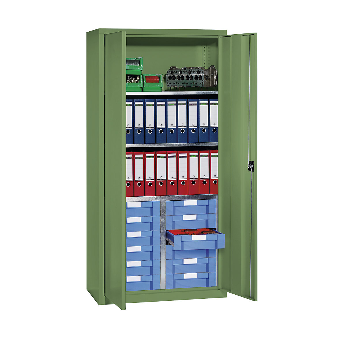 Storage and drawer cupboard – eurokraft pro, 3 shelves, 12 drawers, reseda green RAL 6011-6