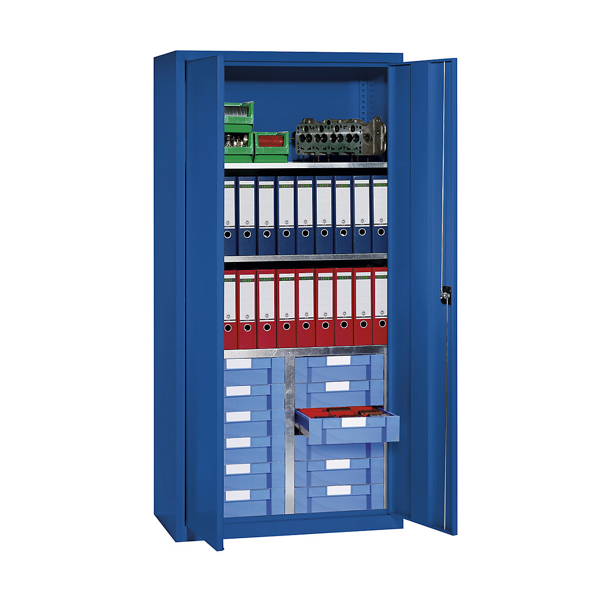 Storage and drawer cupboard – eurokraft pro, 3 shelves, 12 drawers, gentian blue RAL 5010-4
