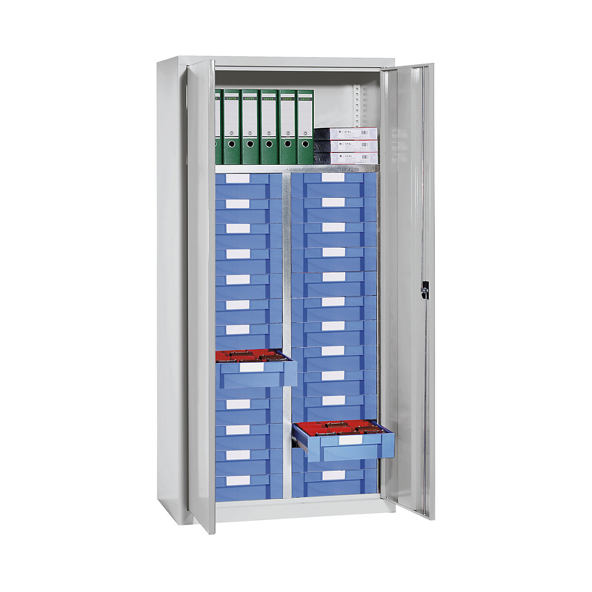 Storage and drawer cupboard – eurokraft pro, 1 shelf, 26 drawers, light grey RAL 7035-6