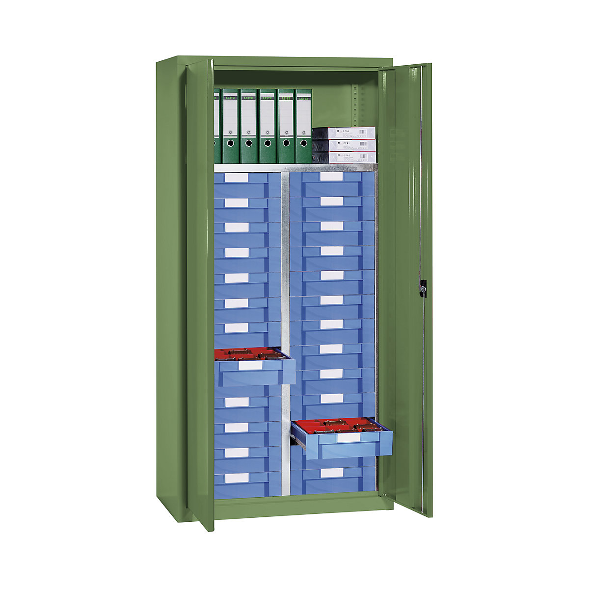 Storage and drawer cupboard – eurokraft pro, 1 shelf, 26 drawers, reseda green RAL 6011-5