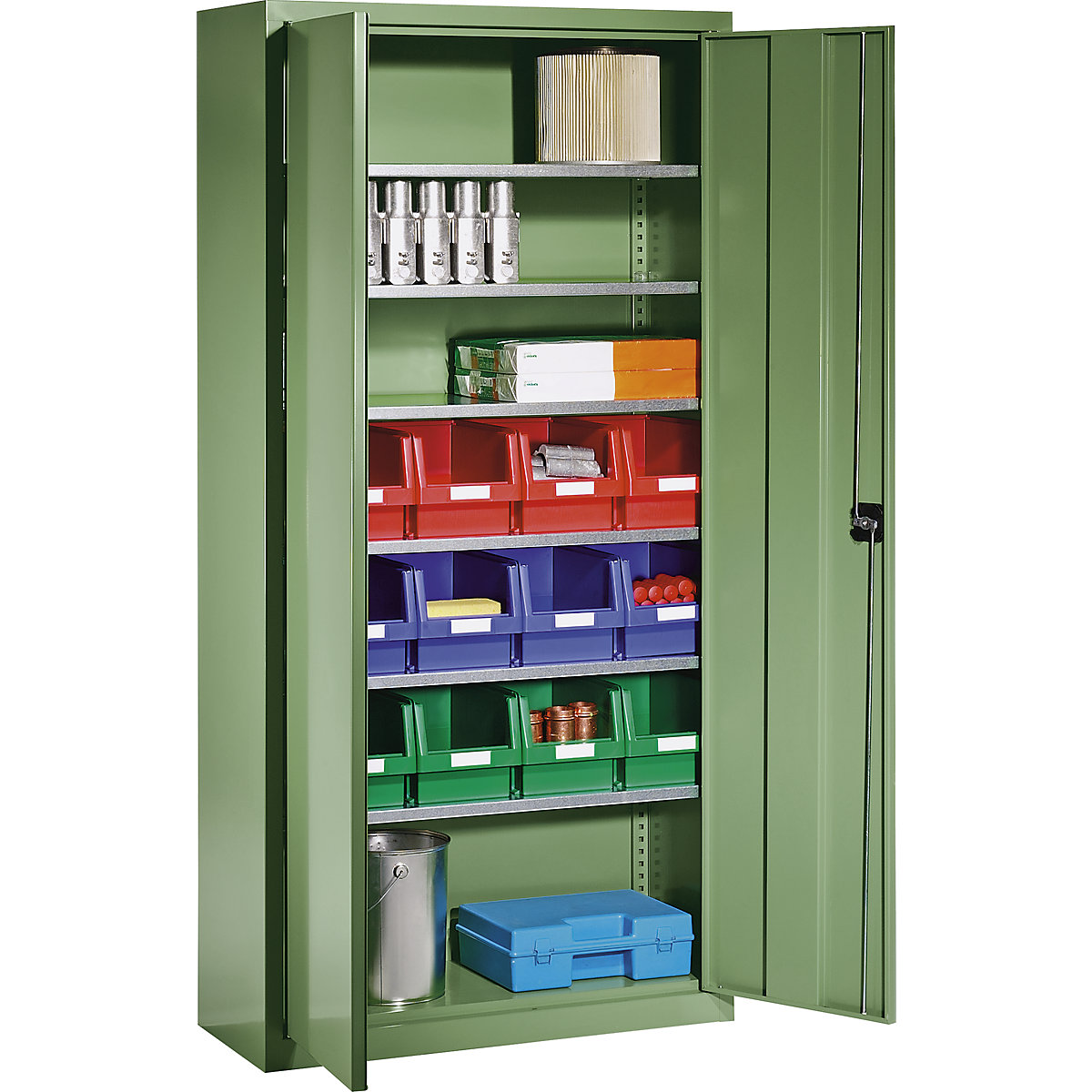 Storage cupboard made of sheet steel – eurokraft pro, with 12 open fronted storage bins, reseda green RAL 6011-2