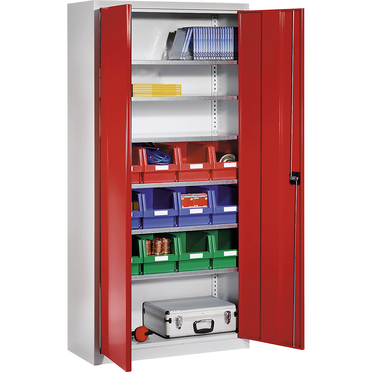 Storage cupboard made of sheet steel – eurokraft pro, with 12 open fronted storage bins, light grey RAL 7035 / traffic red RAL 3020-5