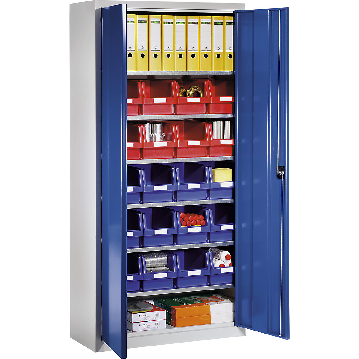 Storage cupboard made of sheet steel – eurokraft pro, with 20 open fronted storage bins, light grey RAL 7035 / gentian blue RAL 5010-4