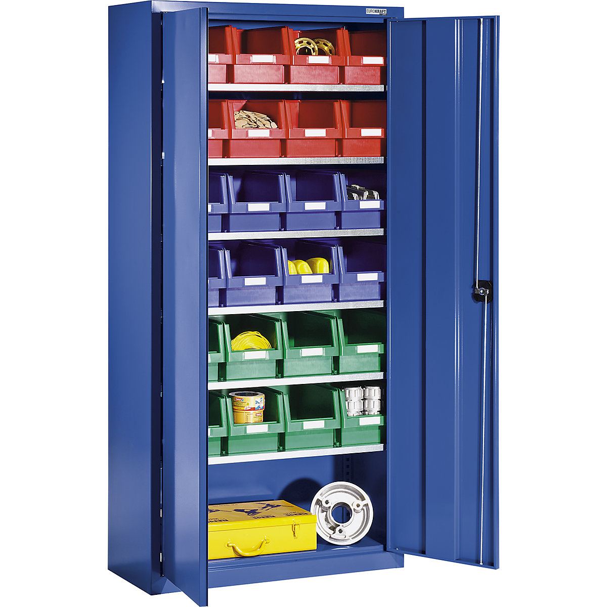 Storage cupboard made of sheet steel – eurokraft pro, with 24 open fronted storage bins, gentian blue RAL 5010-3