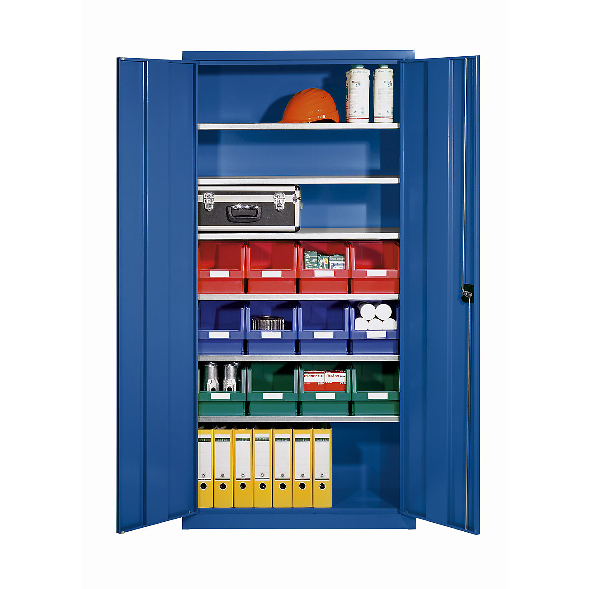 Storage cupboard made of sheet steel – eurokraft pro, with 12 open fronted storage bins, gentian blue RAL 5010-4