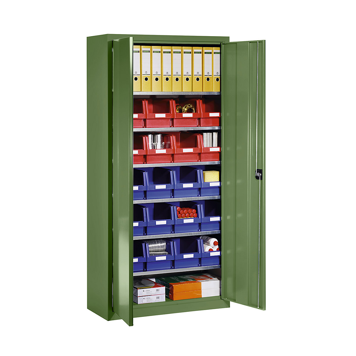 Storage cupboard made of sheet steel – eurokraft pro, with 20 open fronted storage bins, reseda green RAL 6011-3