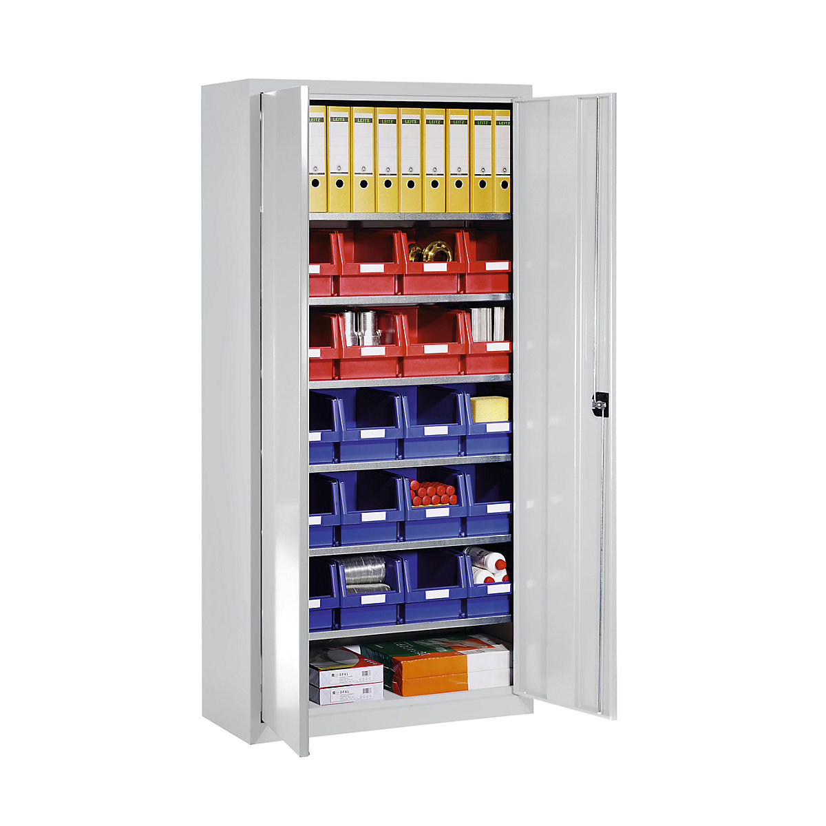 Storage cupboard made of sheet steel – eurokraft pro, with 20 open fronted storage bins, gentian blue RAL 5010-5