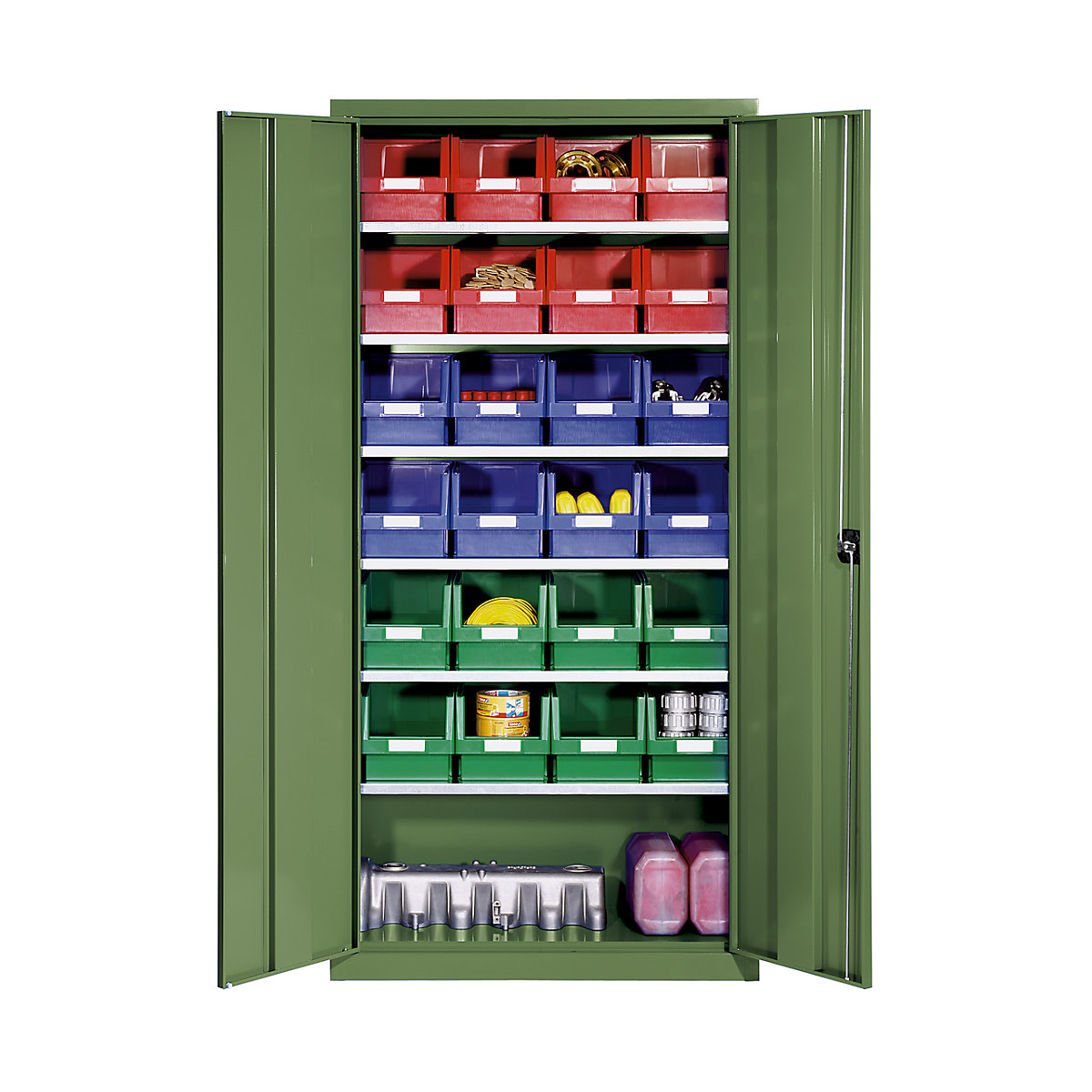 Storage cupboard made of sheet steel – eurokraft pro, with 24 open fronted storage bins, reseda green RAL 6011-4