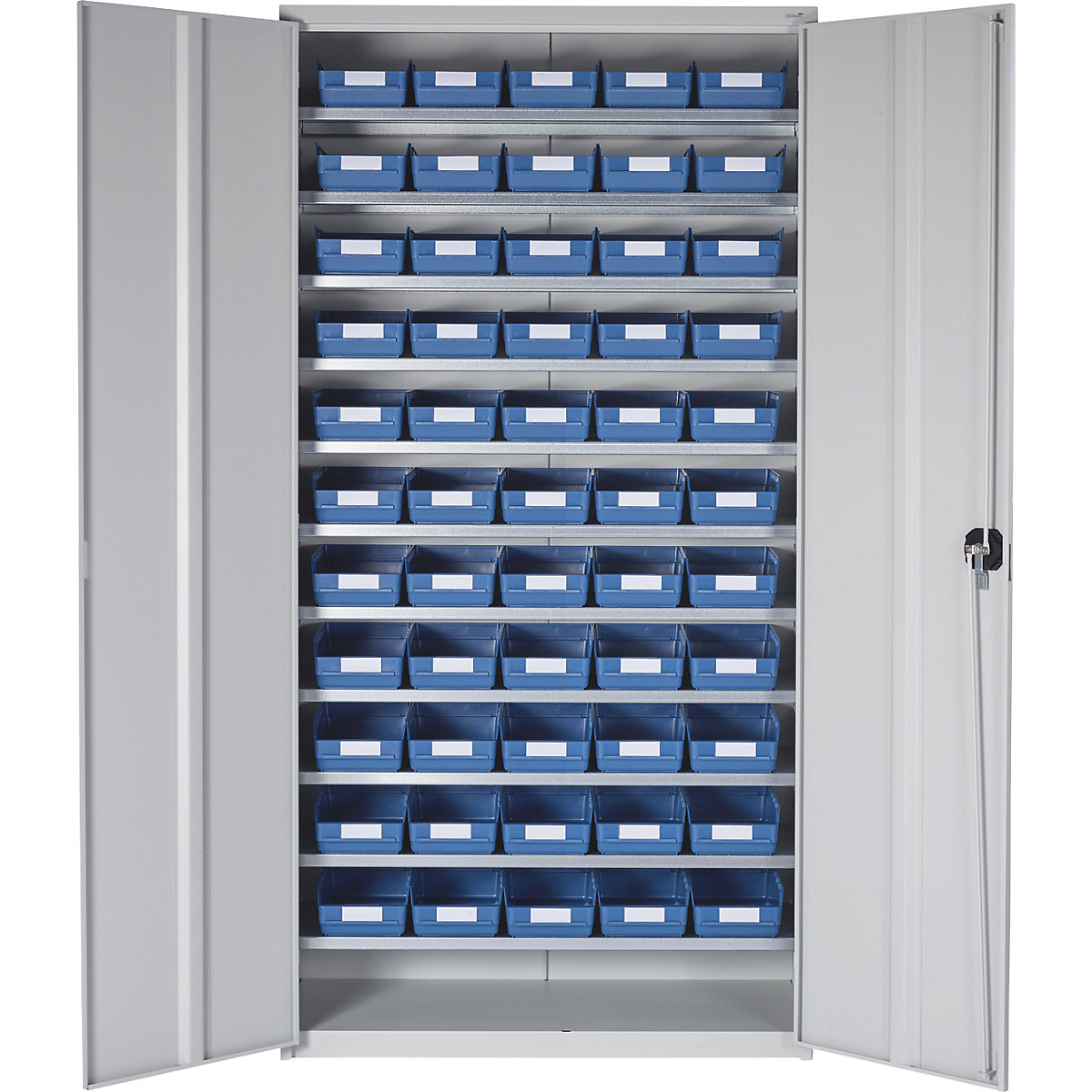 Storage cupboard – STEMO, HxWxD 1970 x 1000 x 450 mm, with shelf bins, 55 bins, blue-3