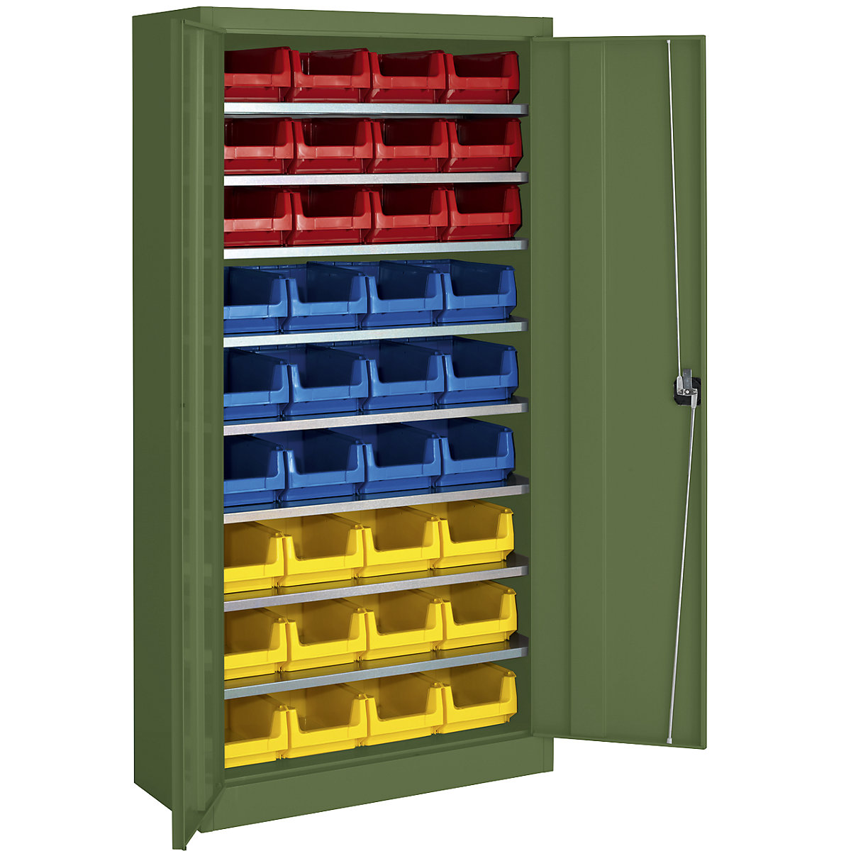 Storage cupboard, single colour – mauser, with 36 open fronted storage bins, 8 shelves, green-3