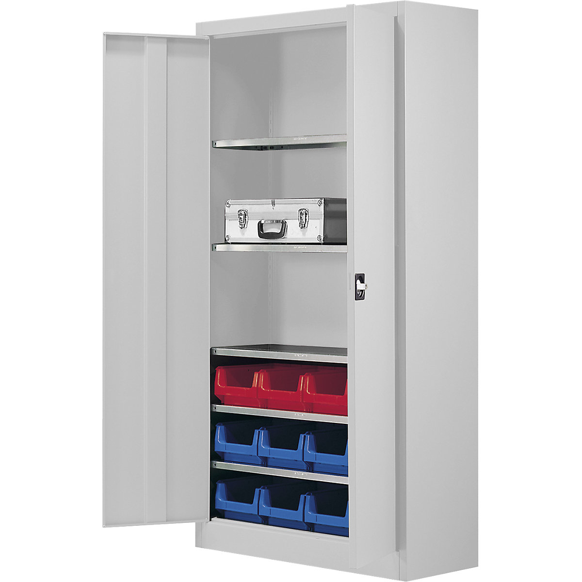 Storage cupboard, single colour – mauser, with 12 open fronted storage bins, 5 shelves, grey, 3+ items-1