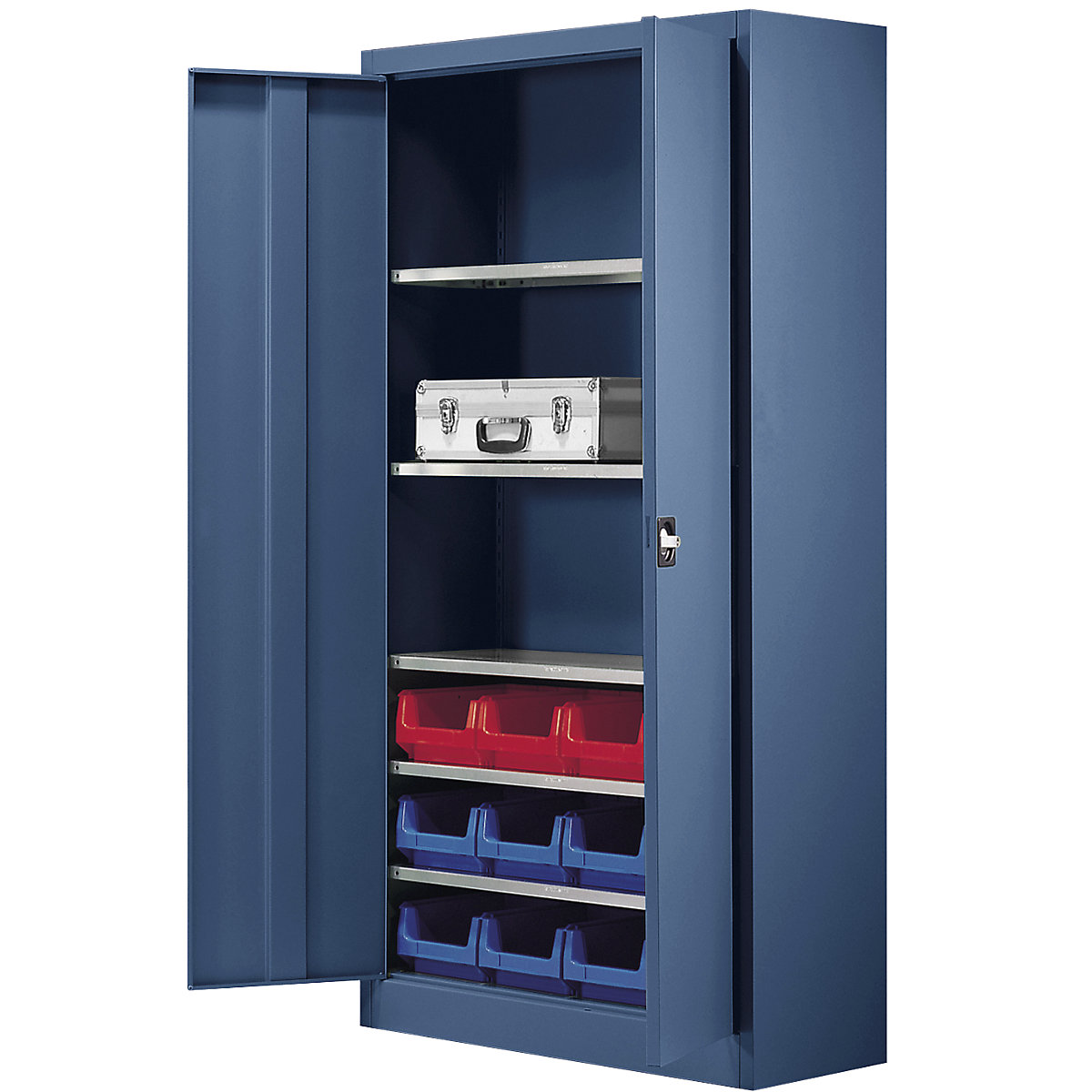 Storage cupboard, single colour – mauser, with 12 open fronted storage bins, 5 shelves, blue-4