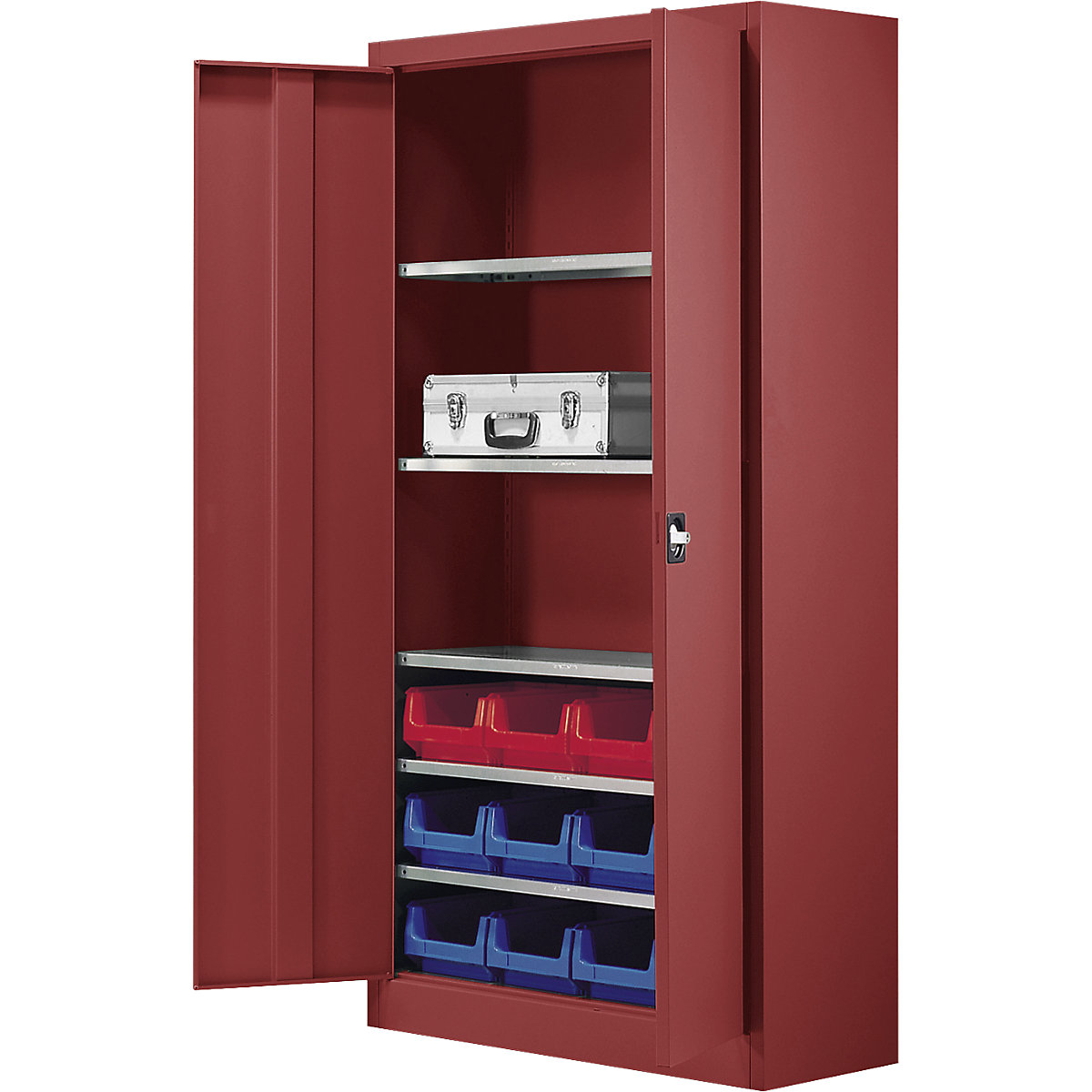 Storage cupboard, single colour – mauser, with 12 open fronted storage bins, 5 shelves, red-3