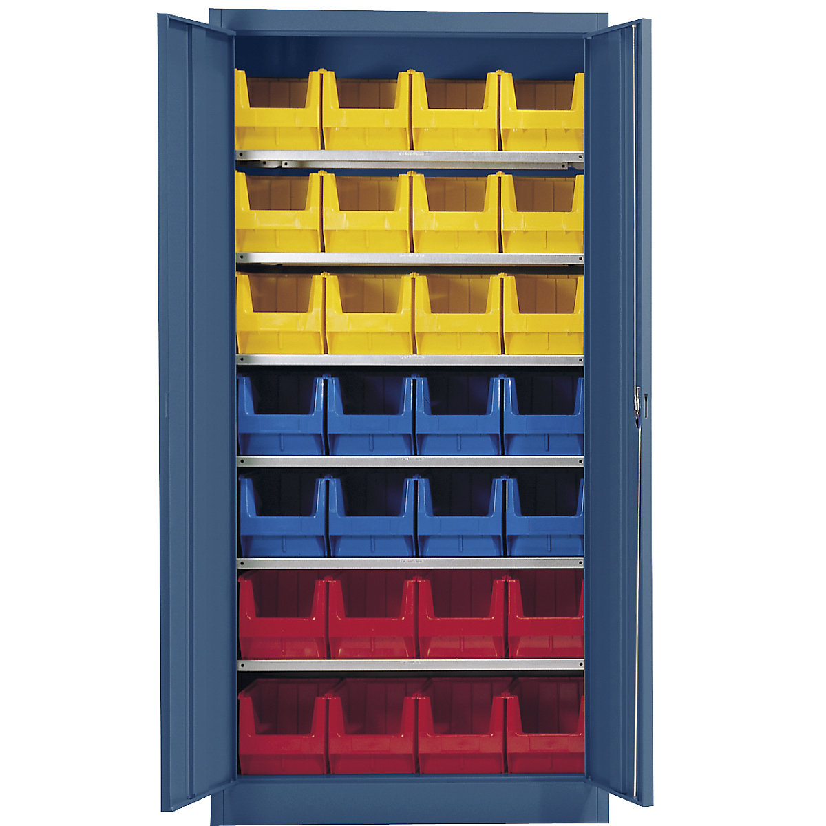 Storage cupboard, single colour – mauser, with 28 open fronted storage bins, 6 shelves, blue-3