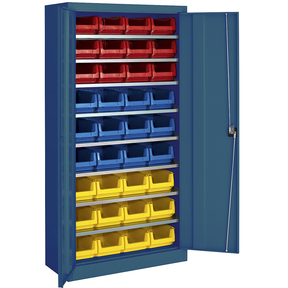 Storage cupboard, single colour – mauser, with 36 open fronted storage bins, 8 shelves, blue, 3+ items-4