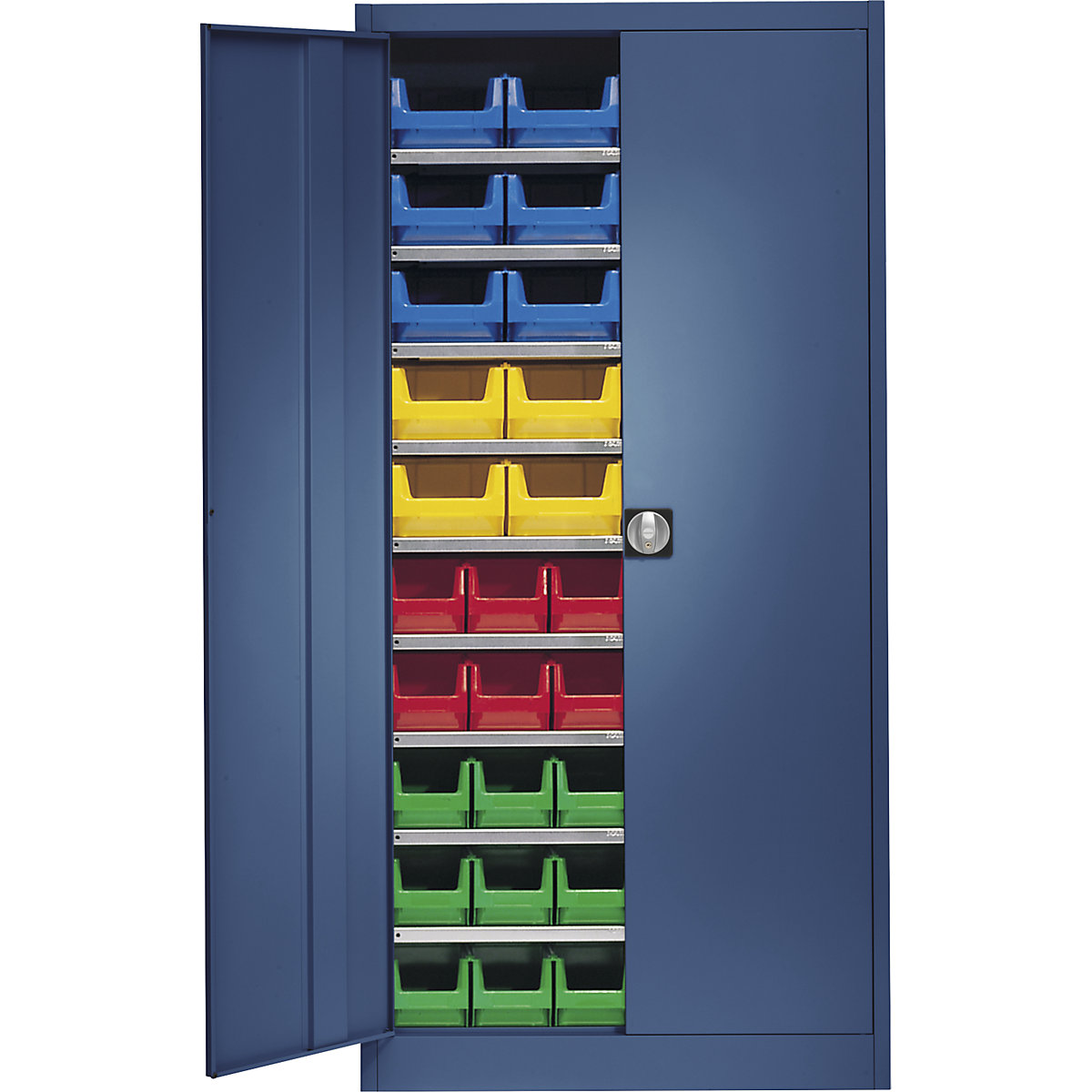 Storage cupboard, single colour – mauser, with 50 open fronted storage bins, 9 shelves, blue, 3+ items-1