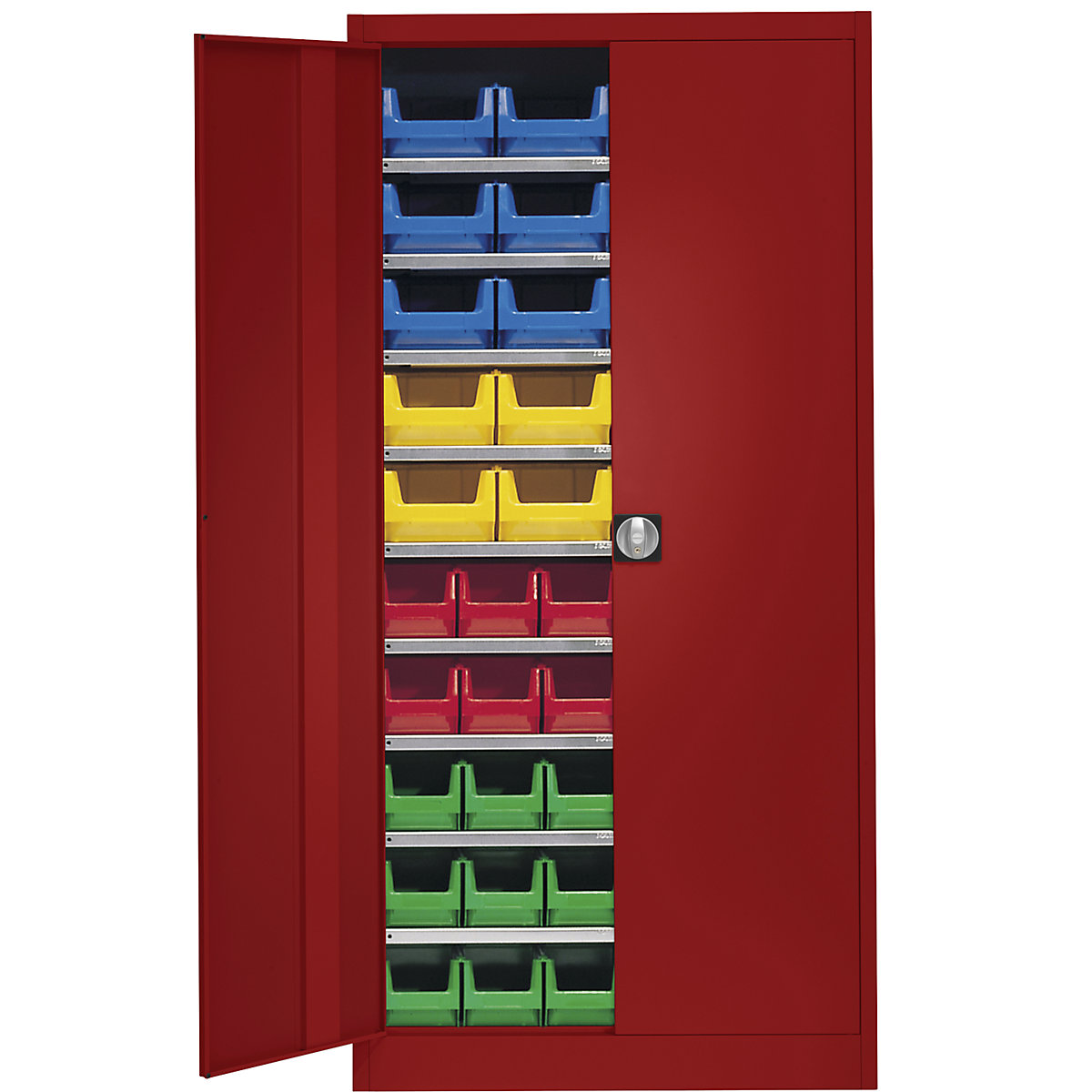 Storage cupboard, single colour – mauser, with 50 open fronted storage bins, 9 shelves, red, 3+ items-4