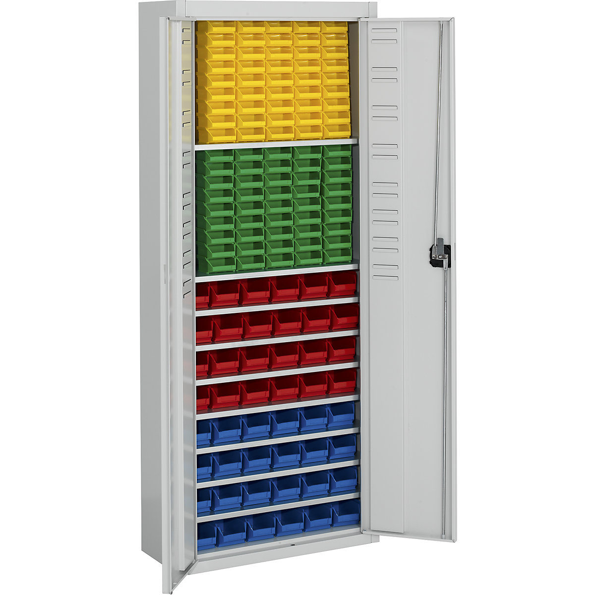 Storage cupboard with open fronted storage bins – mauser, HxWxD 1740 x 680 x 280 mm, single colour, grey, 138 bins-7