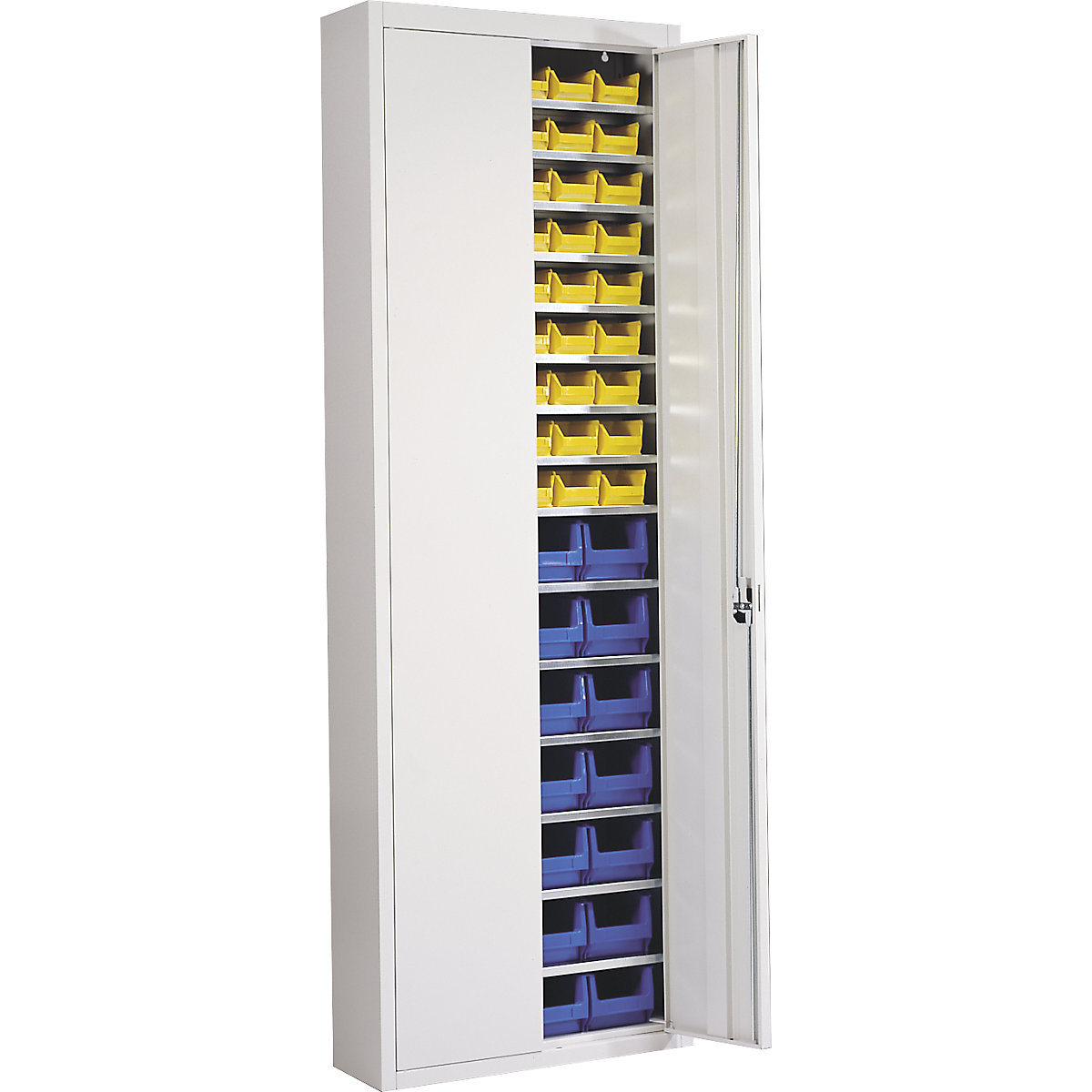Storage cupboard with open fronted storage bins – mauser, HxWxD 2150 x 680 x 280 mm, single colour, grey, 82 bins-12