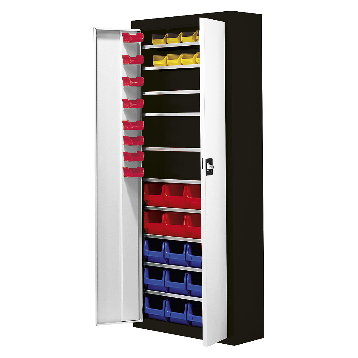 Storage cupboard with open fronted storage bins – mauser, HxWxD 1740 x 680 x 280 mm, 48 bins, two-colour, black body, grey doors-4