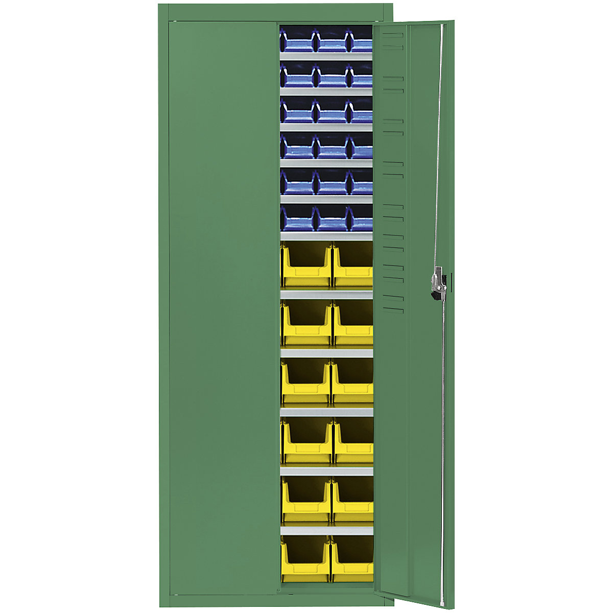 Storage cupboard with open fronted storage bins – mauser, HxWxD 1740 x 680 x 280 mm, single colour, green, 60 bins-10